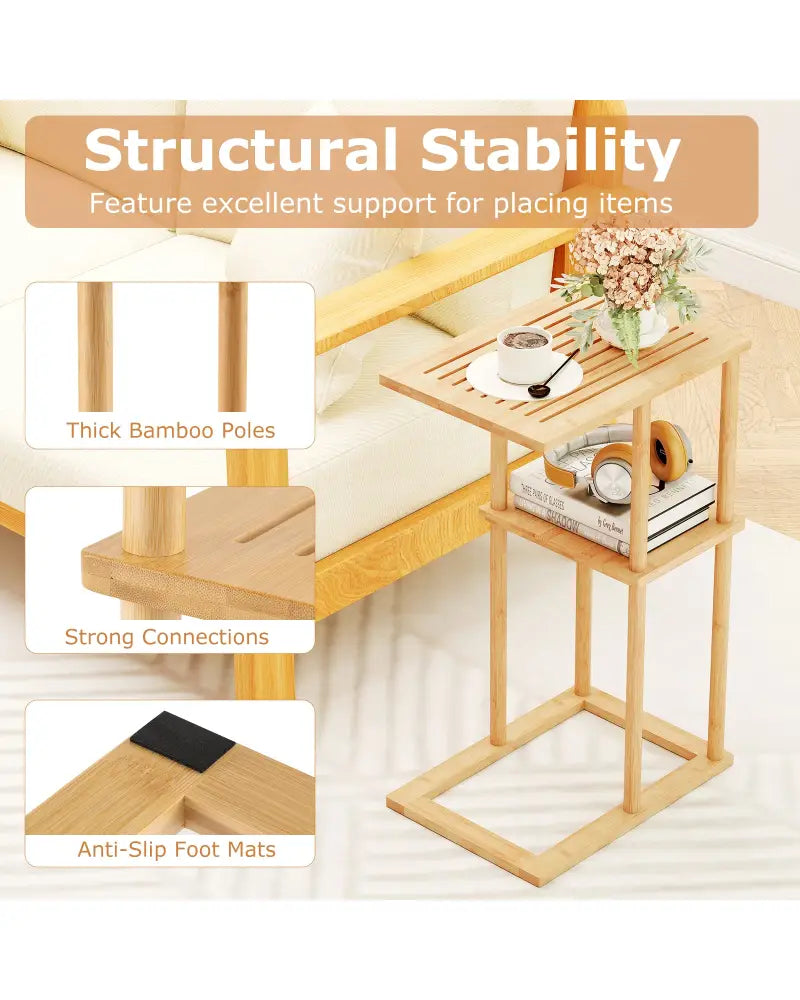 Side Table Set of 2 with Storage Shelves and Bamboo Construction-Natural - Natural - End & Side Tables