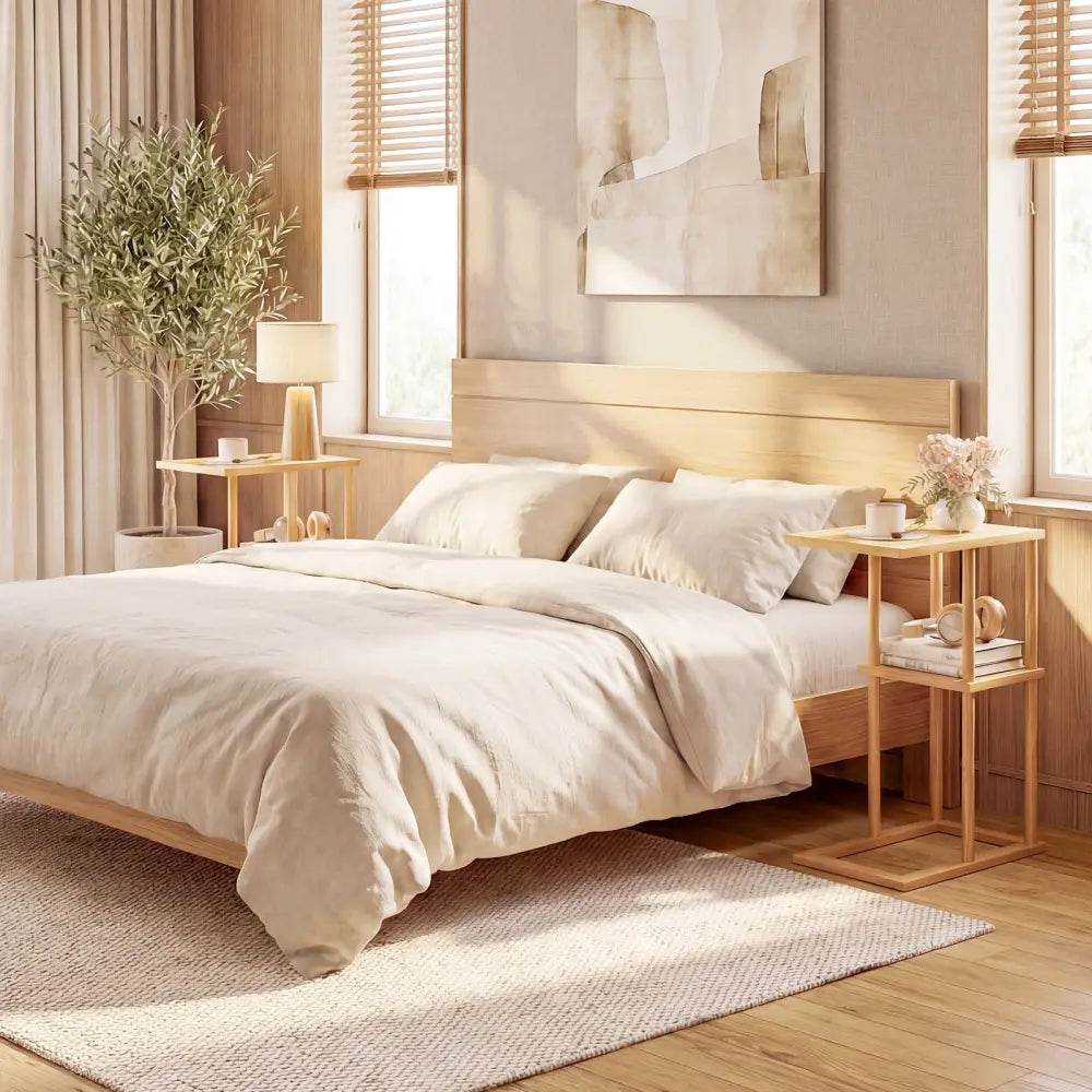 Side Table Set of 2 with Storage Shelves and Bamboo Construction-Natural - Natural - End & Side Tables
