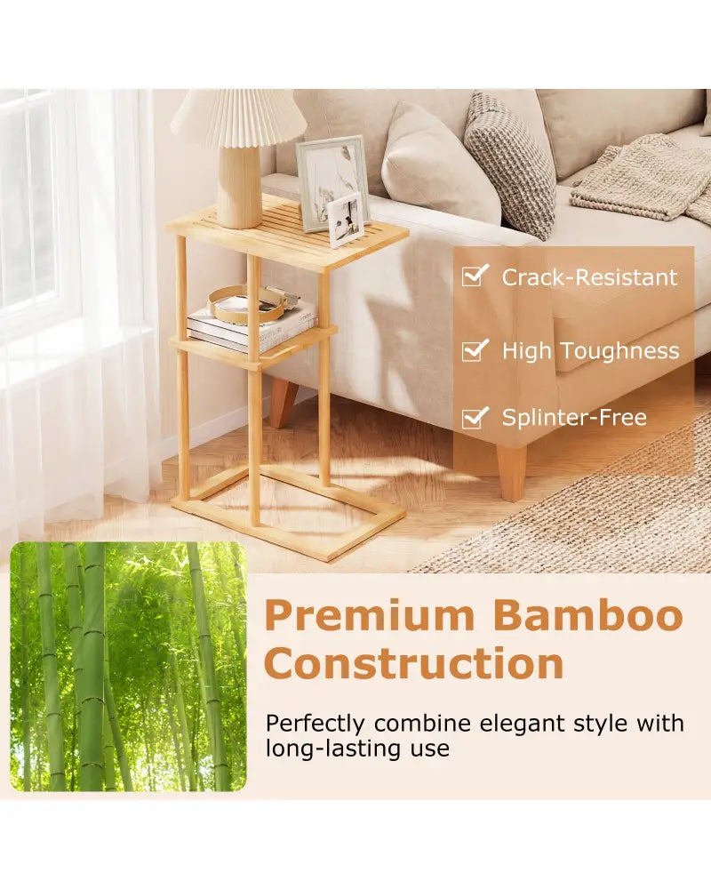 Side Table Set of 2 with Storage Shelves and Bamboo Construction-Natural - Natural - End & Side Tables