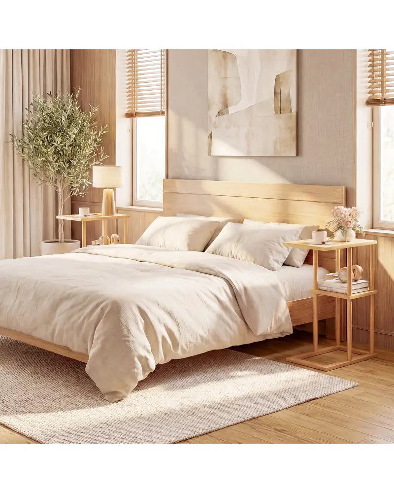 Side Table Set of 2 with Storage Shelves and Bamboo Construction-Natural - Natural - End & Side Tables