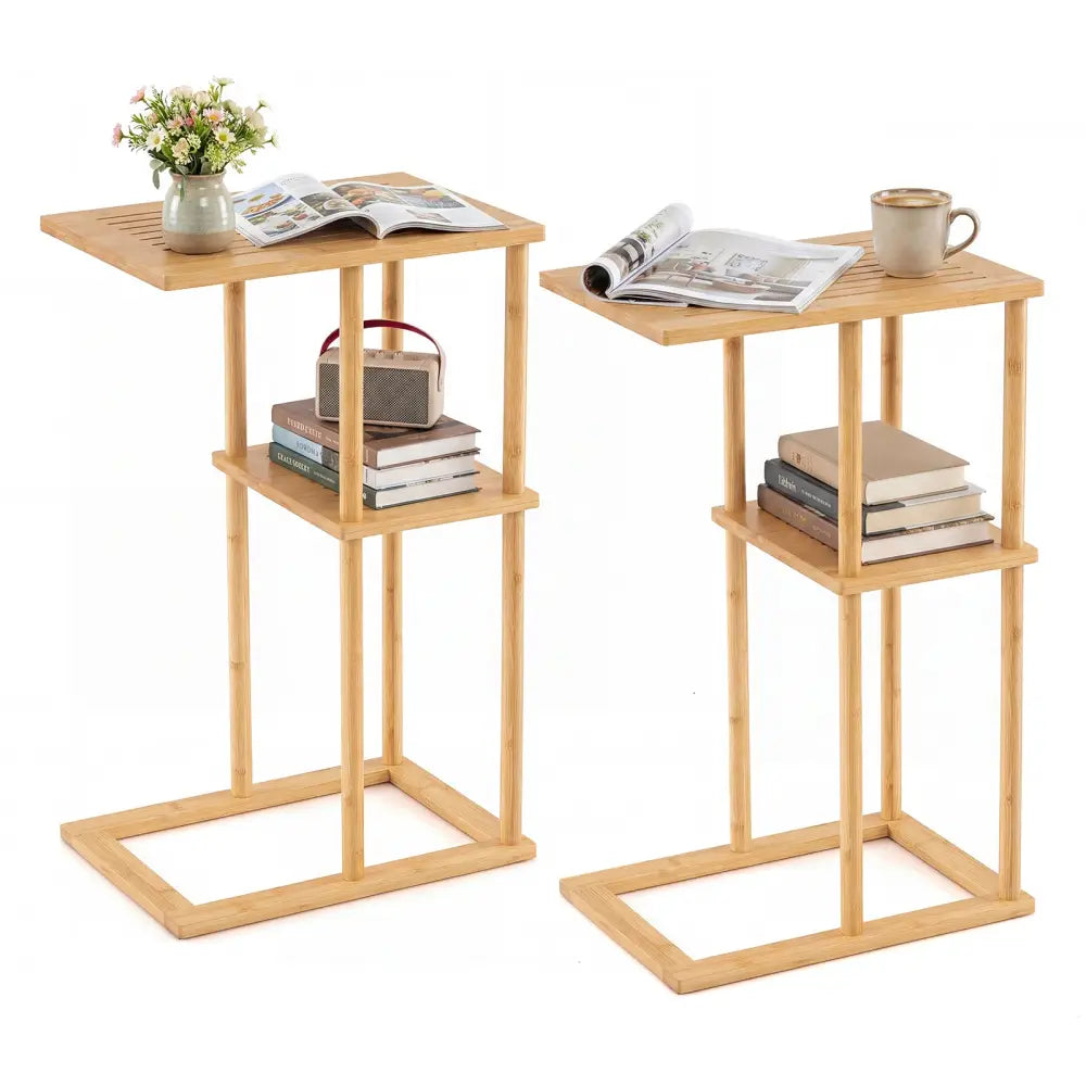 Side Table Set of 2 with Storage Shelves and Bamboo Construction-Natural - Natural - End & Side Tables