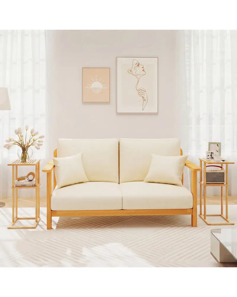 Side Table Set of 2 with Storage Shelves and Bamboo Construction-Natural - Natural - End & Side Tables