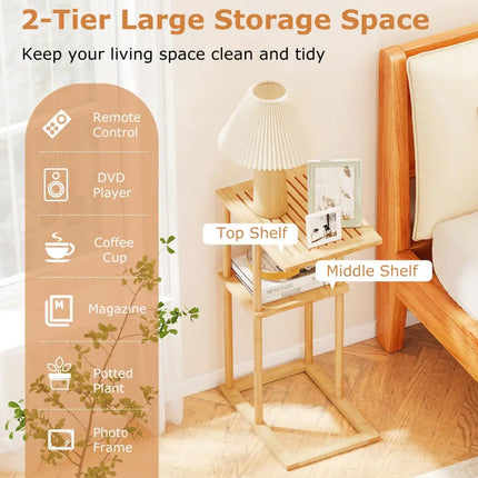 Side Table Set of 2 with Storage Shelves and Bamboo Construction-Natural - Natural - End & Side Tables