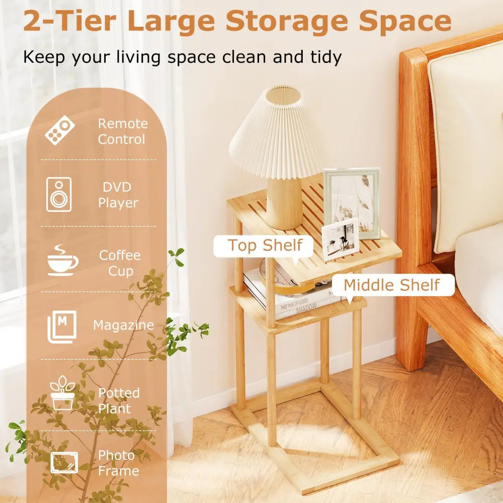 Side Table Set of 2 with Storage Shelves and Bamboo Construction-Natural - Natural - End & Side Tables