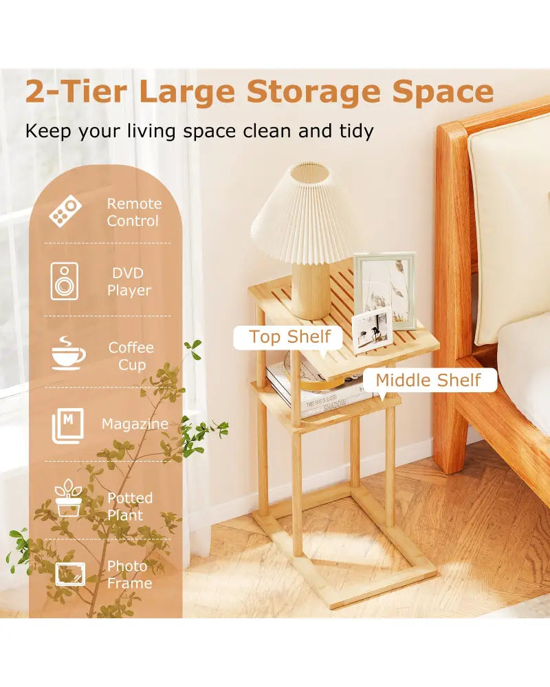 Side Table Set of 2 with Storage Shelves and Bamboo Construction-Natural - Natural - End & Side Tables