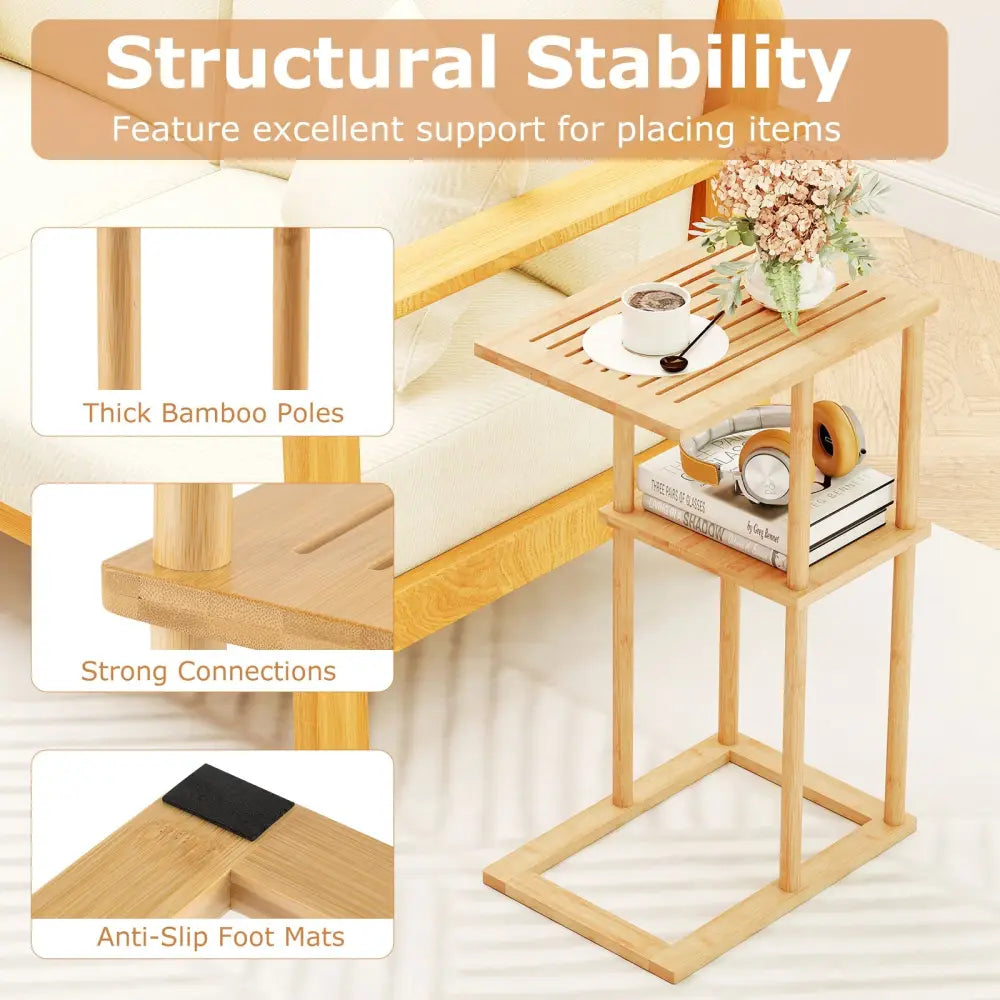 Side Table Set of 2 with Storage Shelves and Bamboo Construction-Natural - Natural - End & Side Tables