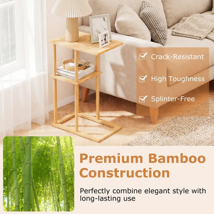 Side Table Set of 2 with Storage Shelves and Bamboo Construction-Natural - Natural - End & Side Tables