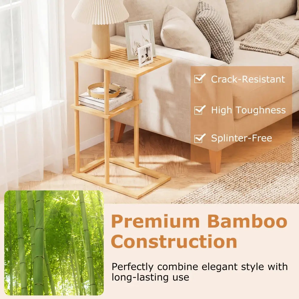 Side Table Set of 2 with Storage Shelves and Bamboo Construction-Natural - Natural - End & Side Tables