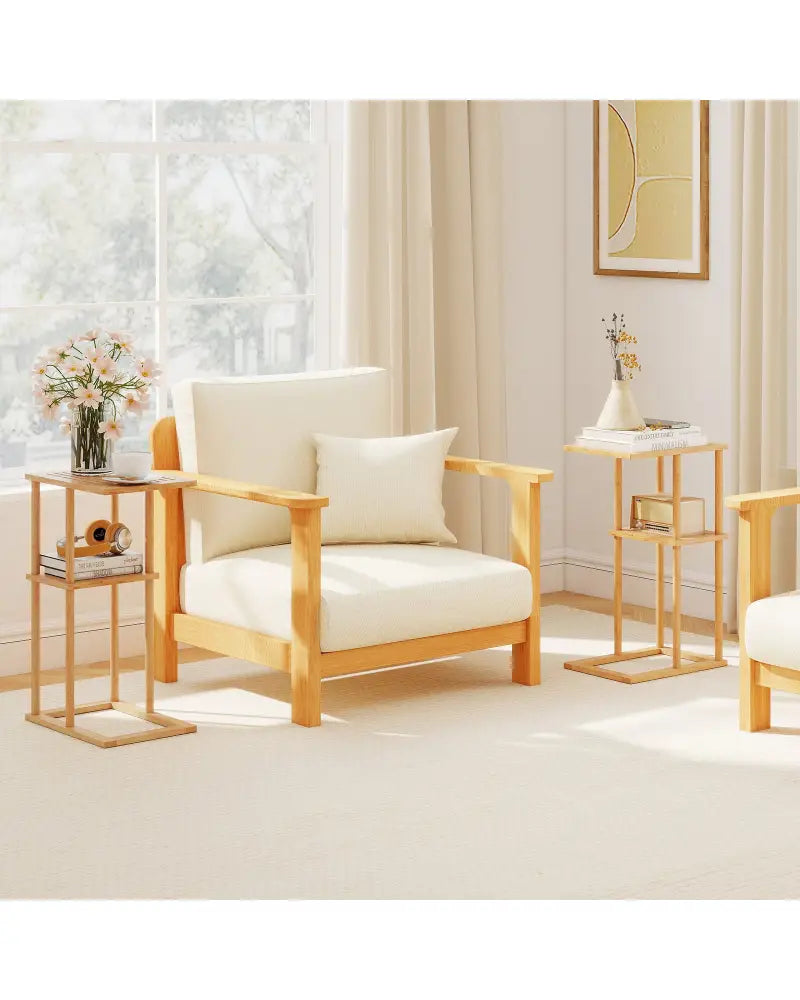 Side Table Set of 2 with Storage Shelves and Bamboo Construction-Natural - Natural - End & Side Tables