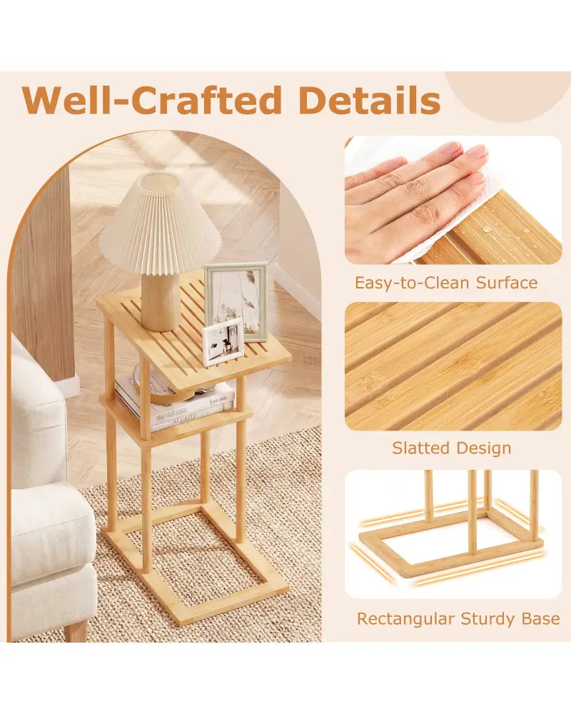 Side Table Set of 2 with Storage Shelves and Bamboo Construction-Natural - Natural - End & Side Tables