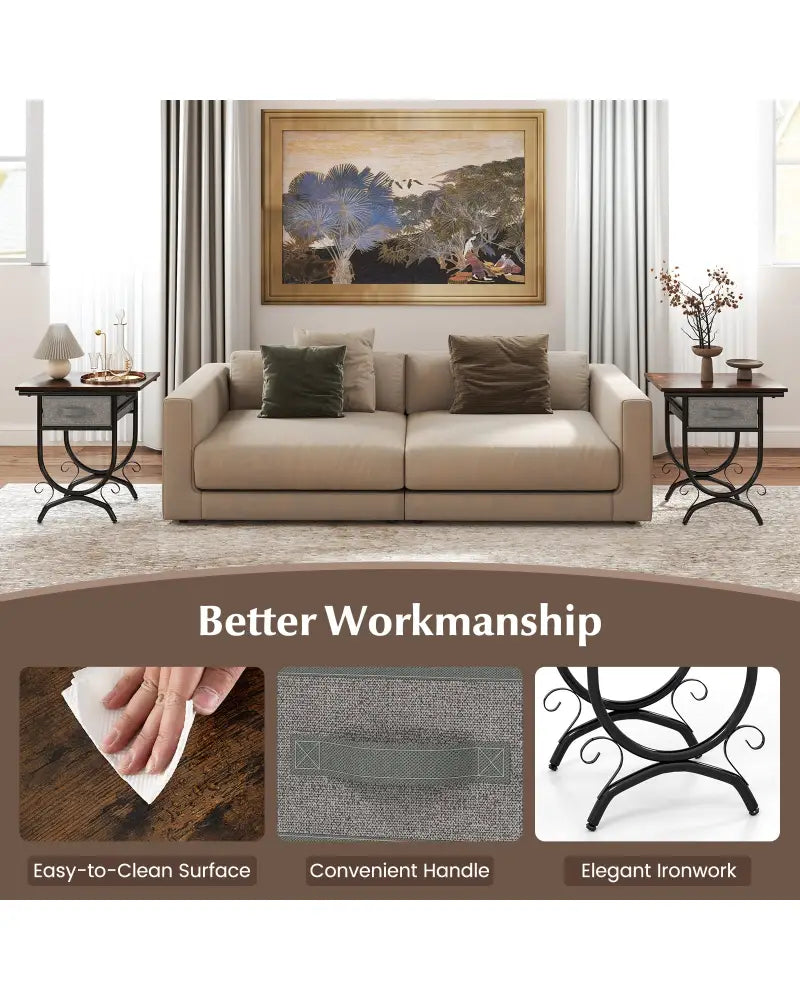 Side Table with Fabric Drawer and Carved Metal Frame for Living Room - Nightstands