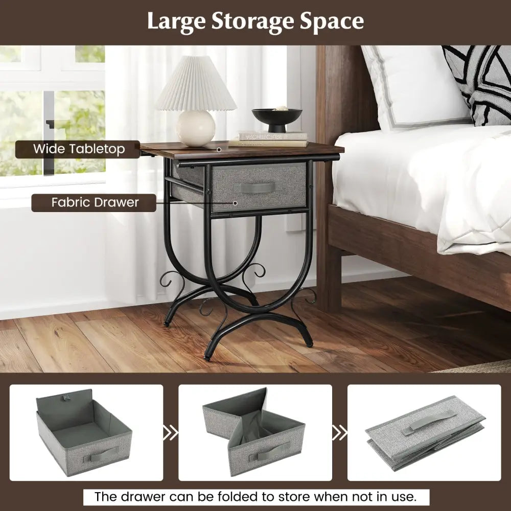 Side Table with Fabric Drawer and Carved Metal Frame for Living Room - Nightstands