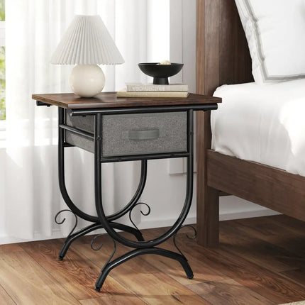 Side Table with Fabric Drawer and Carved Metal Frame for Living Room - Nightstands