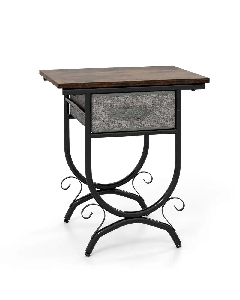 Side Table with Fabric Drawer and Carved Metal Frame for Living Room - Nightstands