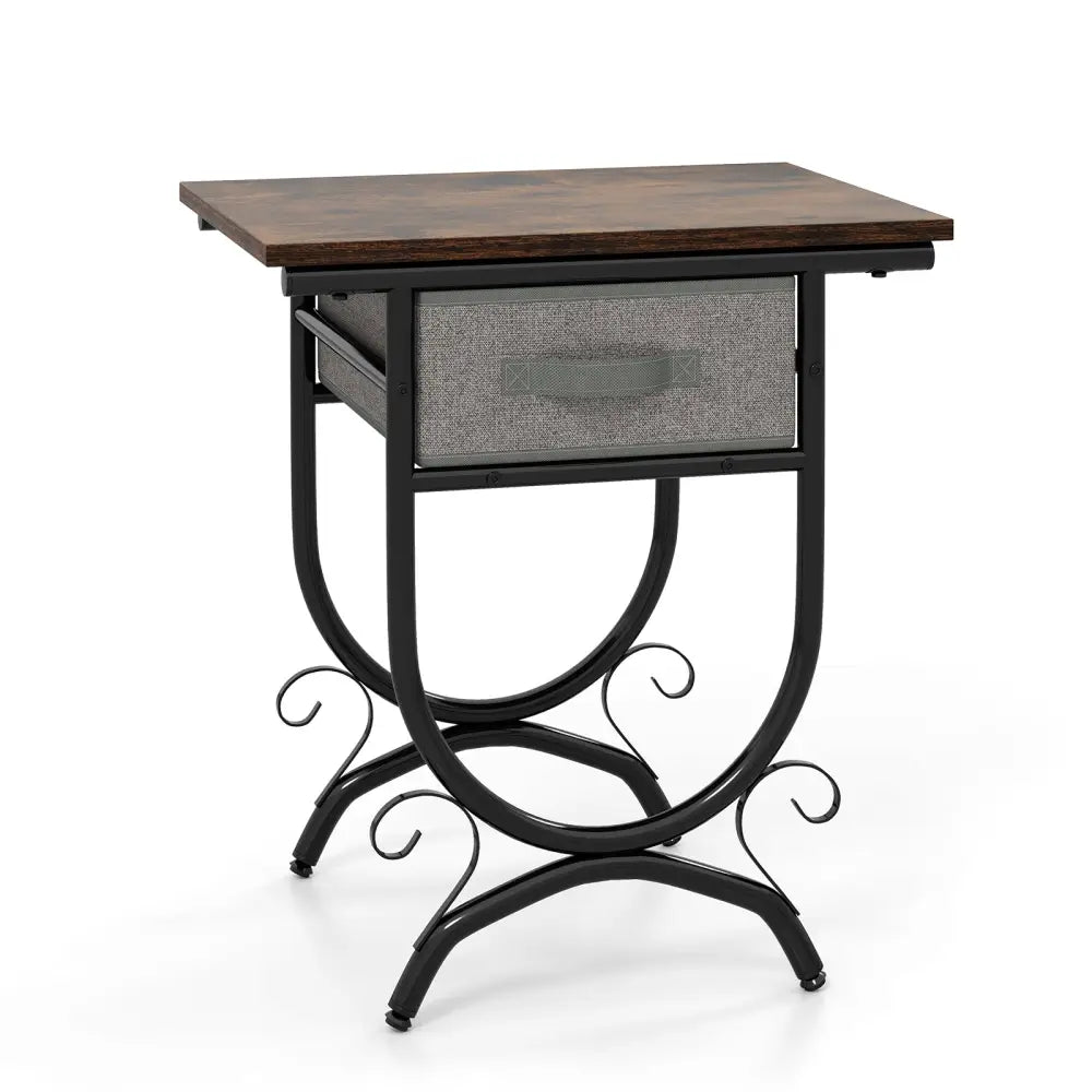 Side Table with Fabric Drawer and Carved Metal Frame for Living Room - Nightstands