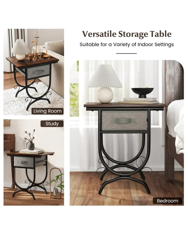 Side Table with Fabric Drawer and Carved Metal Frame for Living Room - Nightstands
