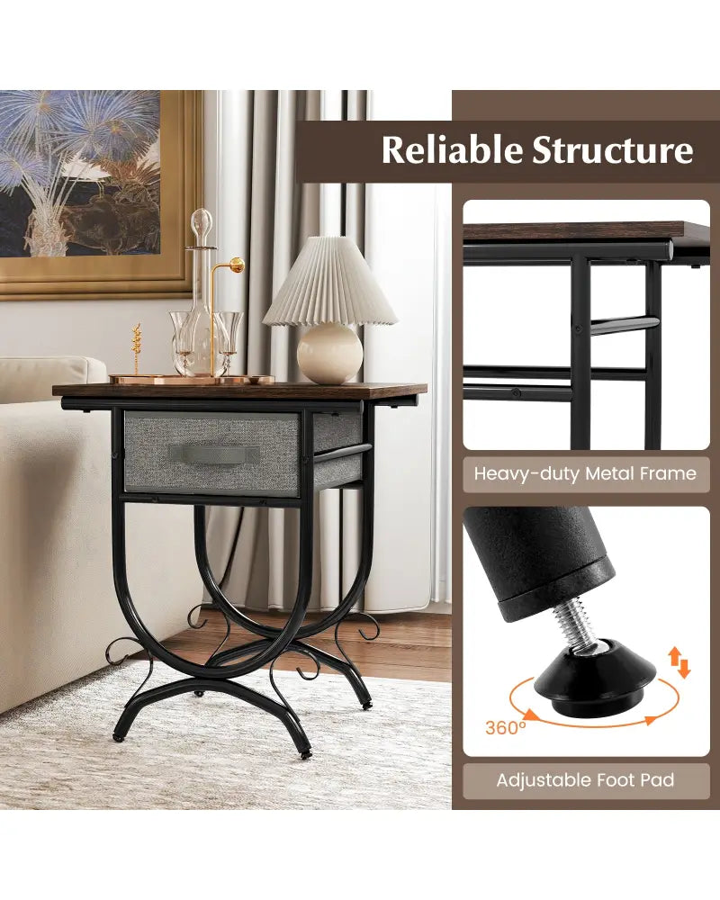 Side Table with Fabric Drawer and Carved Metal Frame for Living Room - Nightstands