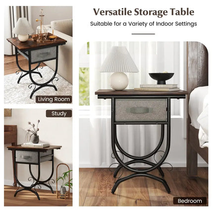 Side Table with Fabric Drawer and Carved Metal Frame for Living Room - Nightstands
