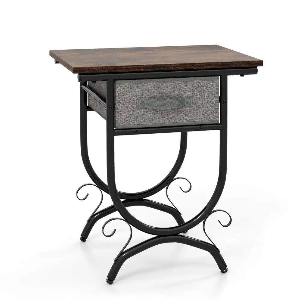 Side Table with Fabric Drawer and Carved Metal Frame for Living Room - Nightstands