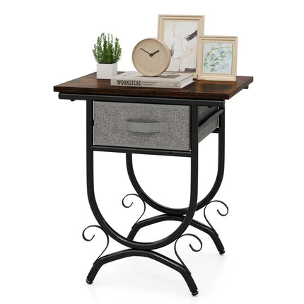 Side Table with Fabric Drawer and Carved Metal Frame for Living Room - Nightstands