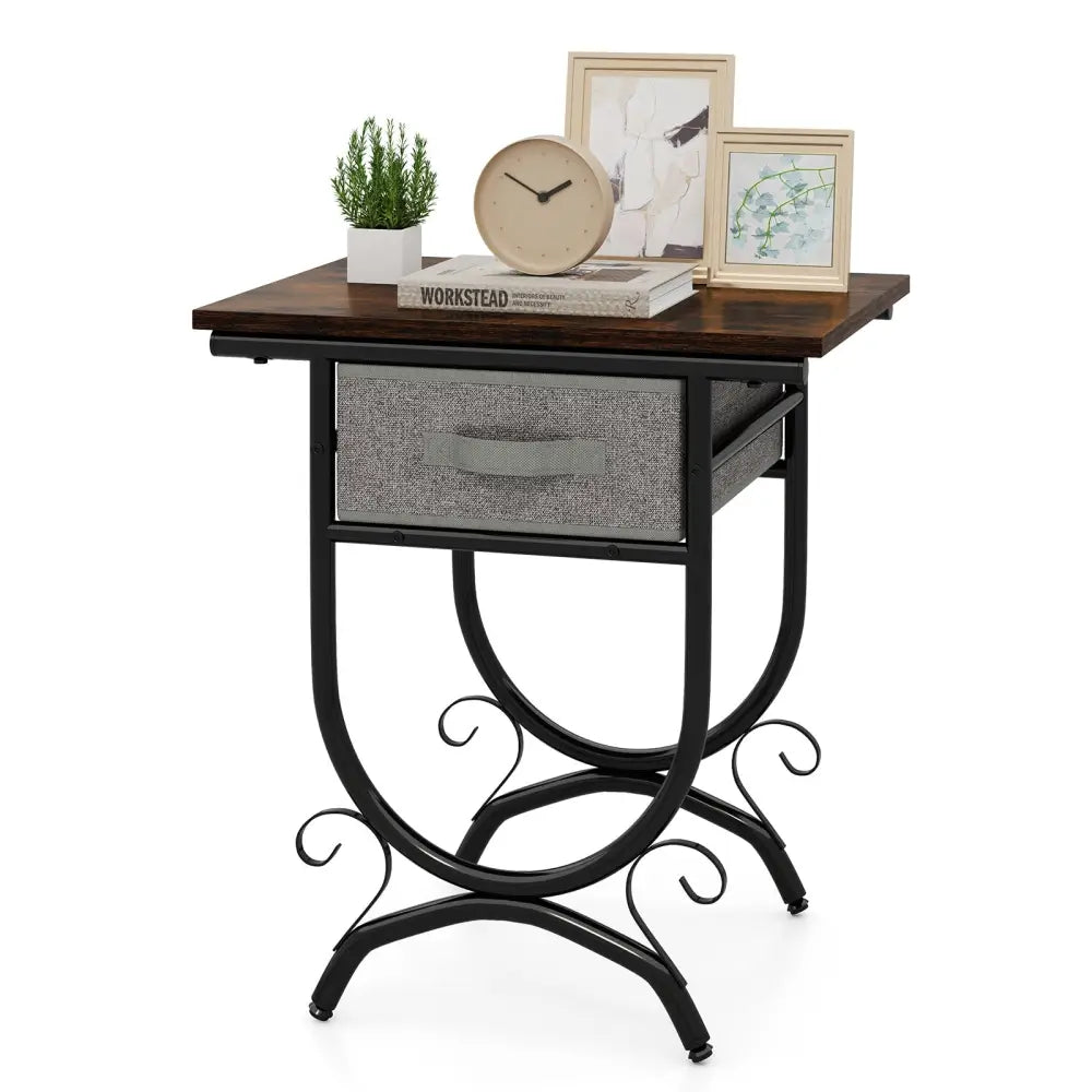Side Table with Fabric Drawer and Carved Metal Frame for Living Room - Nightstands