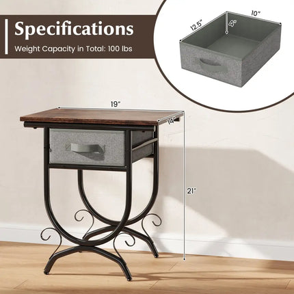 Side Table with Fabric Drawer and Carved Metal Frame for Living Room - Nightstands