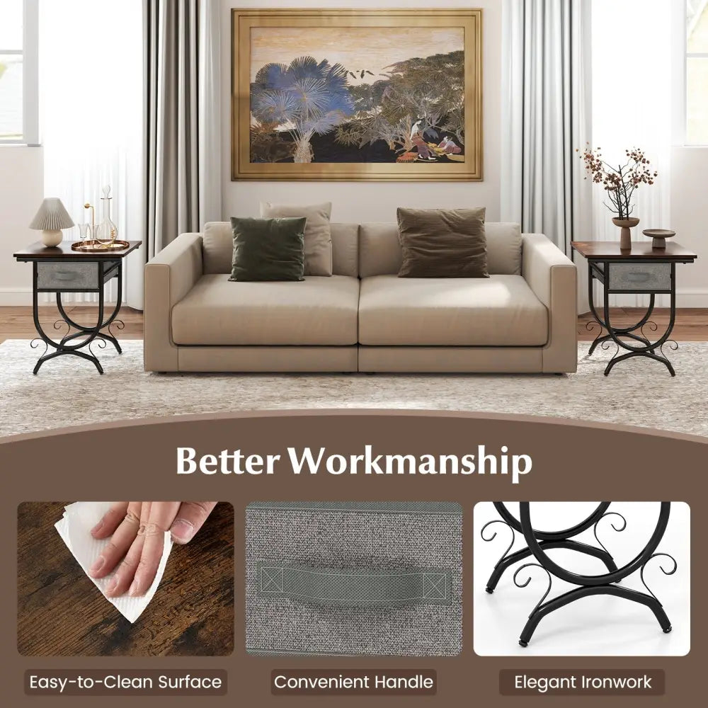 Side Table with Fabric Drawer and Carved Metal Frame for Living Room - Nightstands