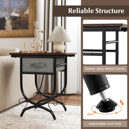 Side Table with Fabric Drawer and Carved Metal Frame for Living Room - Nightstands