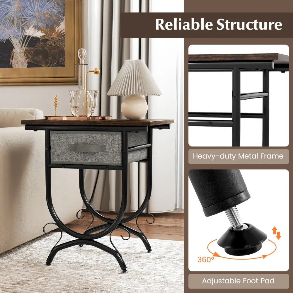 Side Table with Fabric Drawer and Carved Metal Frame for Living Room - Nightstands