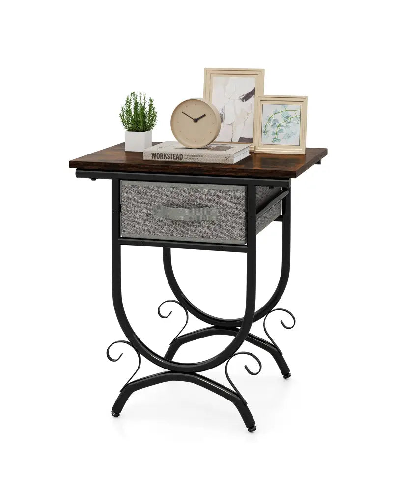 Side Table with Fabric Drawer and Carved Metal Frame for Living Room - Nightstands
