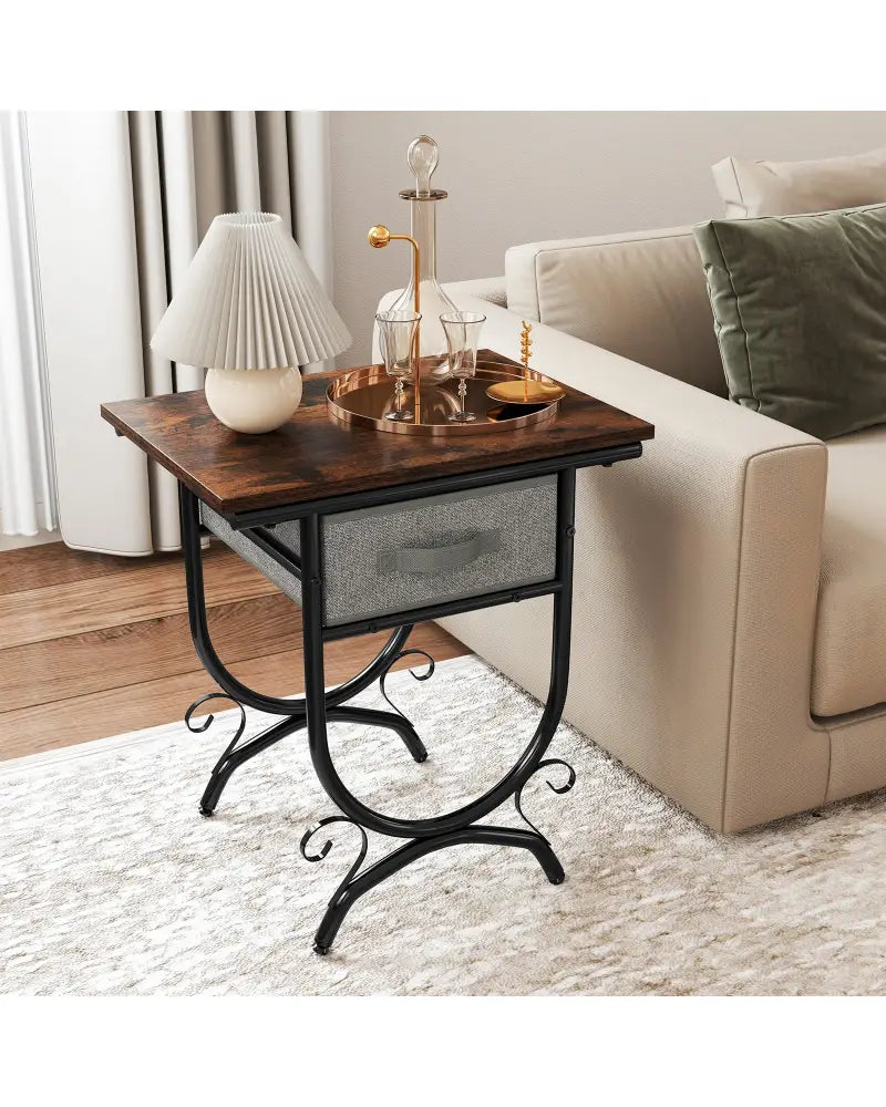 Side Table with Fabric Drawer and Carved Metal Frame for Living Room - Nightstands