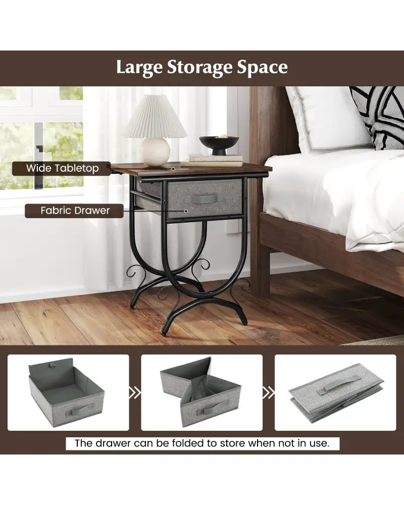 Side Table with Fabric Drawer and Carved Metal Frame for Living Room - Nightstands