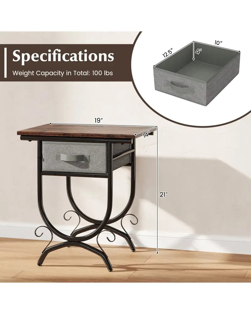 Side Table with Fabric Drawer and Carved Metal Frame for Living Room - Nightstands