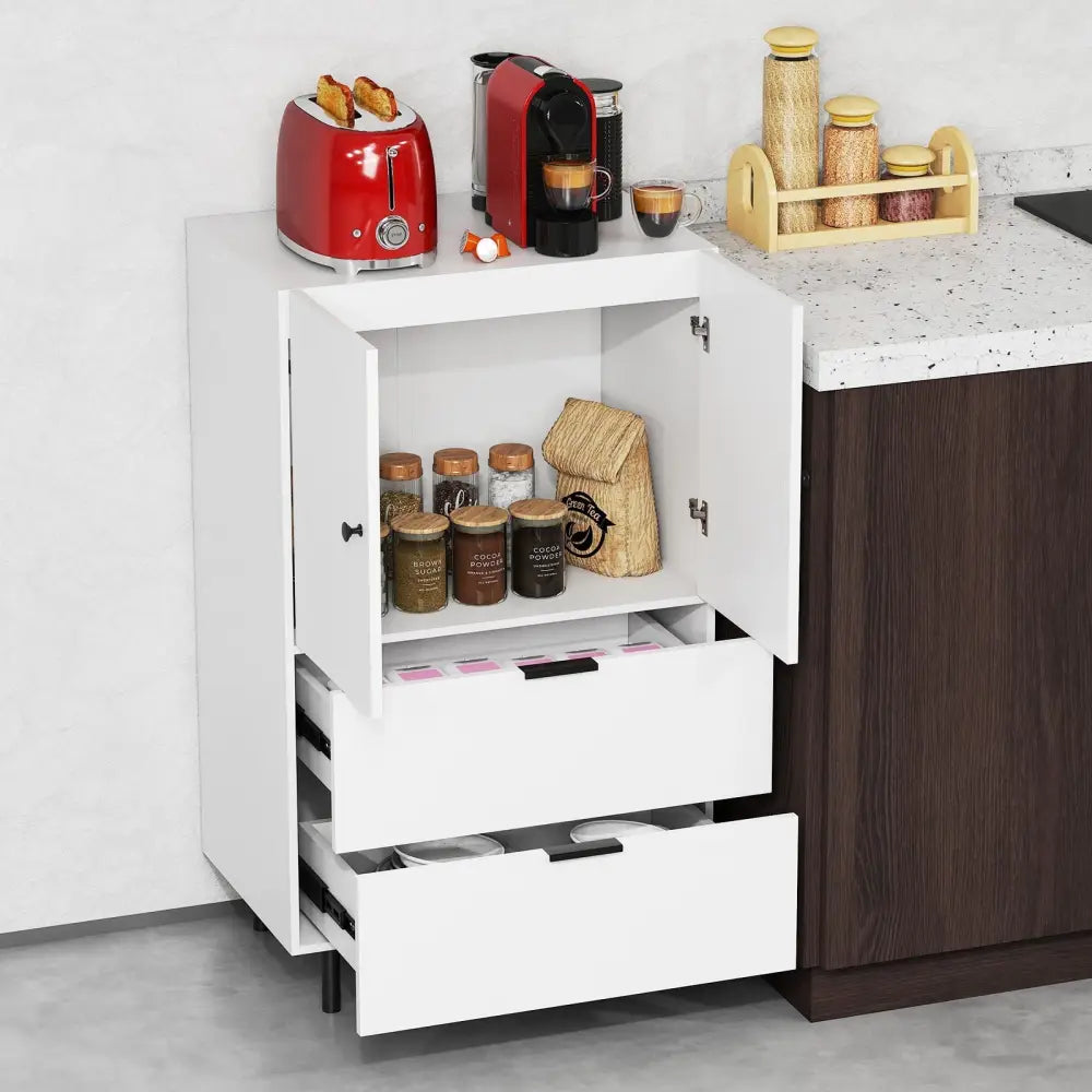 Sideboard Buffet Cabinet 2-Door Serving Cupboard with Drawers-White - White - Sideboards Cabinets & Buffets
