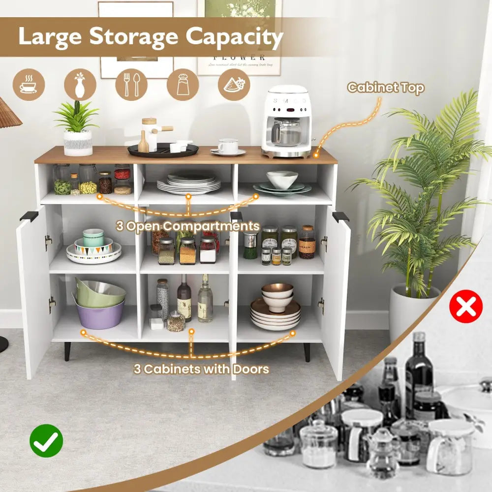 Sideboard Buffet Cabinet Kitchen Storage Cabinet with 5-Position Adjustable Shelves-White - White - Sideboards Cabinets