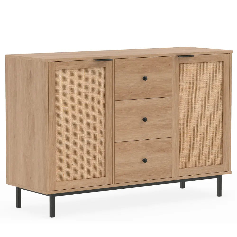 Sideboard Buffet Cabinet Rustic Farmhouse Coffee Bar Table with 2 Rattan Doors and 3 Drawers-Natural - Natural