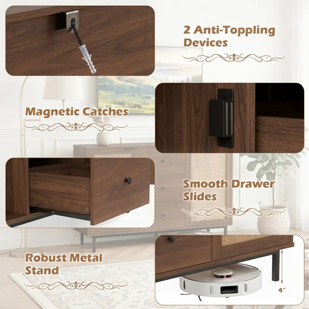 Sideboard Buffet Cabinet Rustic Farmhouse Coffee Bar Table with 2 Rattan Doors and 3 Drawers-Brown - Brown - Sideboards
