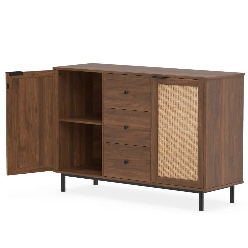 Sideboard Buffet Cabinet Rustic Farmhouse Coffee Bar Table with 2 Rattan Doors and 3 Drawers-Brown - Brown - Sideboards