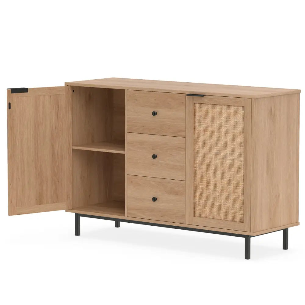 Sideboard Buffet Cabinet Rustic Farmhouse Coffee Bar Table with 2 Rattan Doors and 3 Drawers-Natural - Natural