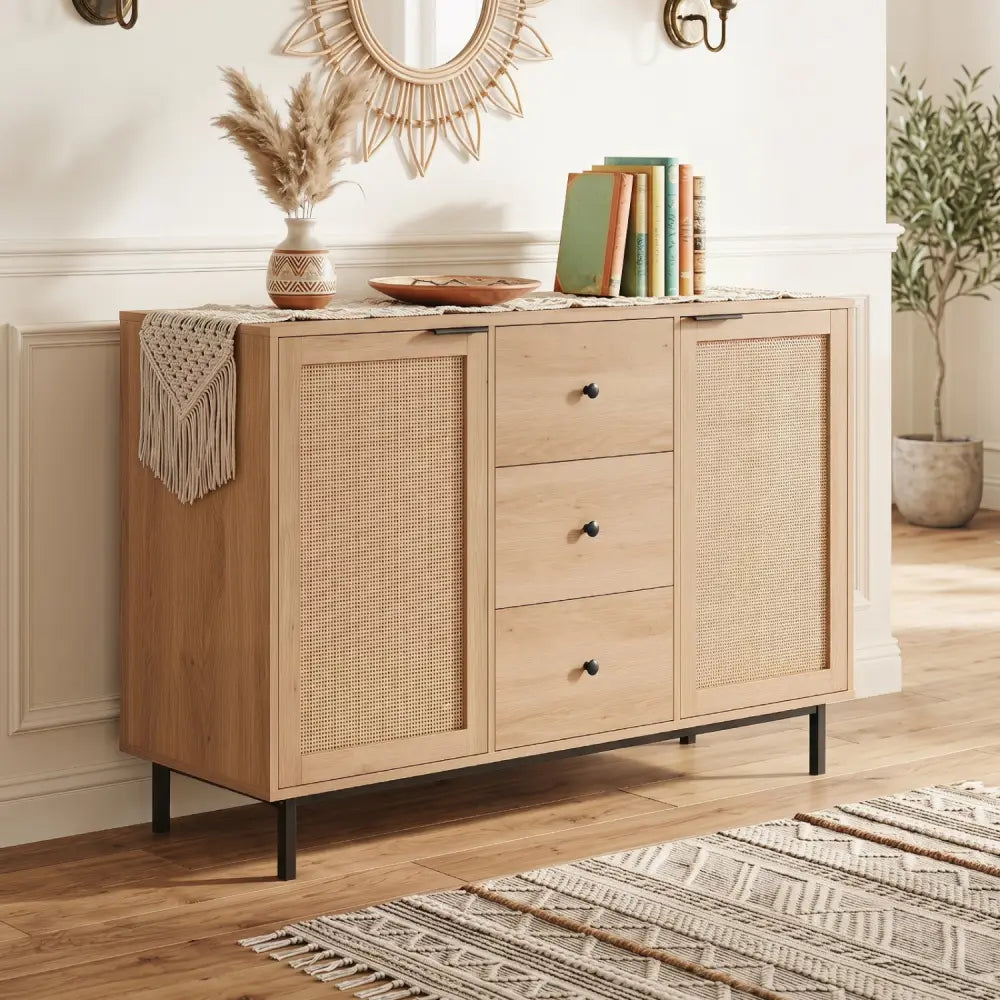 Sideboard Buffet Cabinet Rustic Farmhouse Coffee Bar Table with 2 Rattan Doors and 3 Drawers-Natural - Natural