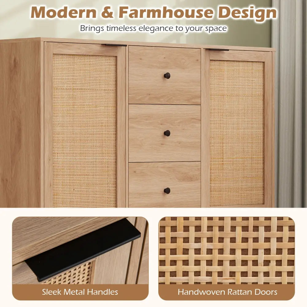 Sideboard Buffet Cabinet Rustic Farmhouse Coffee Bar Table with 2 Rattan Doors and 3 Drawers-Natural - Natural