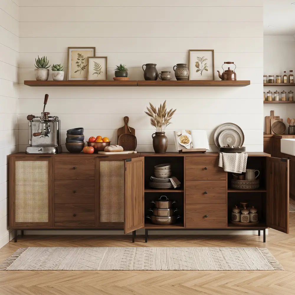 Sideboard Buffet Cabinet Rustic Farmhouse Coffee Bar Table with 2 Rattan Doors and 3 Drawers-Brown - Brown - Sideboards