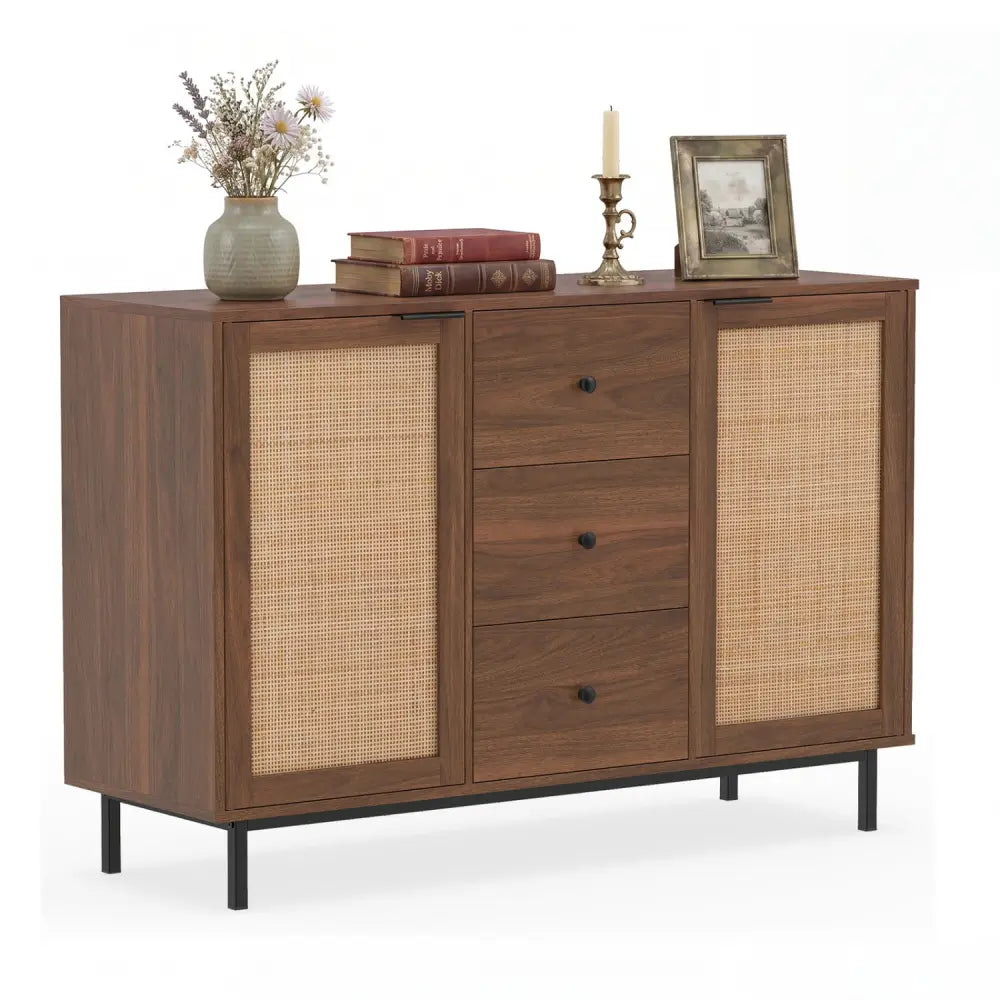 Sideboard Buffet Cabinet Rustic Farmhouse Coffee Bar Table with 2 Rattan Doors and 3 Drawers-Brown - Brown - Sideboards