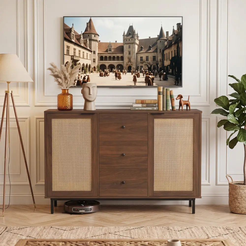 Sideboard Buffet Cabinet Rustic Farmhouse Coffee Bar Table with 2 Rattan Doors and 3 Drawers-Brown - Brown - Sideboards