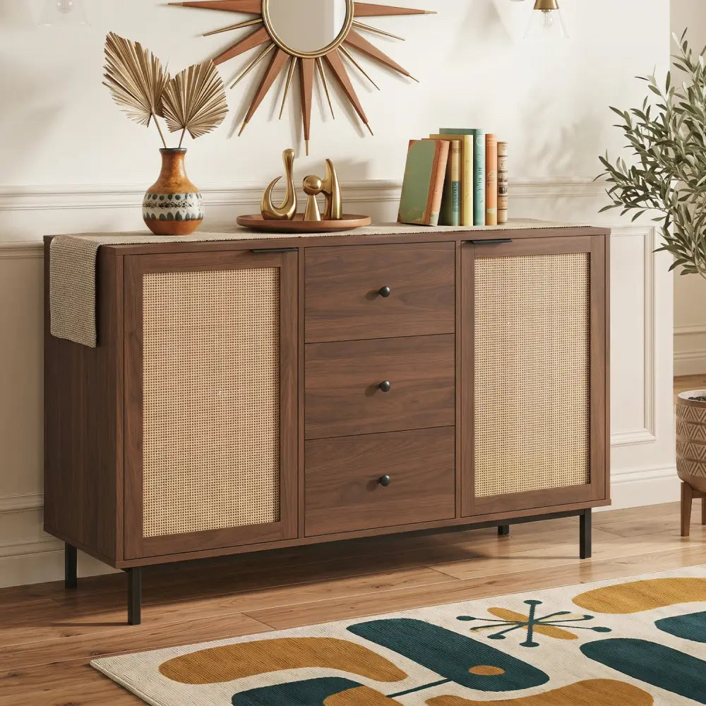 Sideboard Buffet Cabinet Rustic Farmhouse Coffee Bar Table with 2 Rattan Doors and 3 Drawers-Brown - Brown - Sideboards