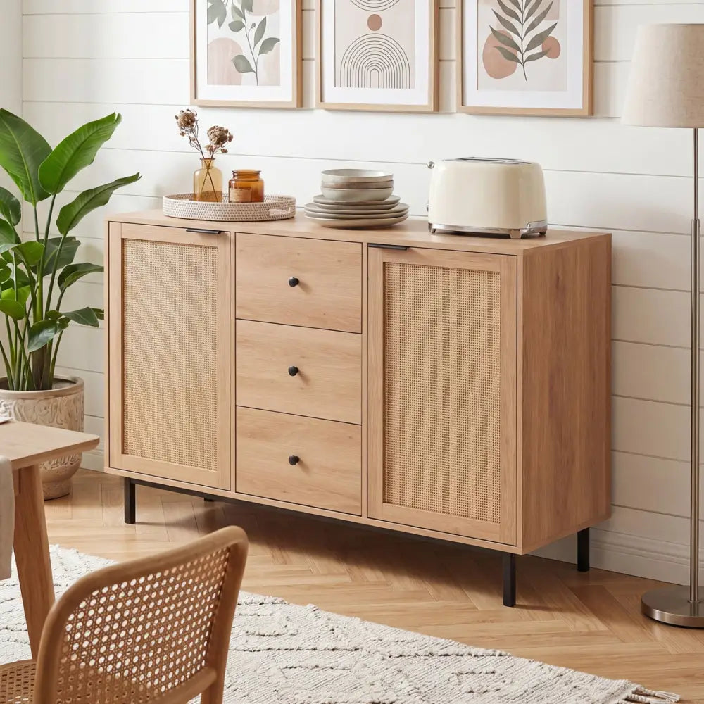 Sideboard Buffet Cabinet Rustic Farmhouse Coffee Bar Table with 2 Rattan Doors and 3 Drawers-Natural - Natural