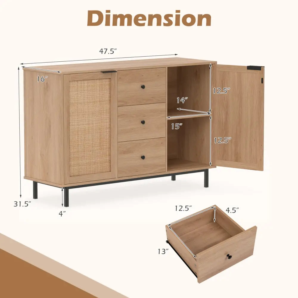 Sideboard Buffet Cabinet Rustic Farmhouse Coffee Bar Table with 2 Rattan Doors and 3 Drawers-Natural - Natural