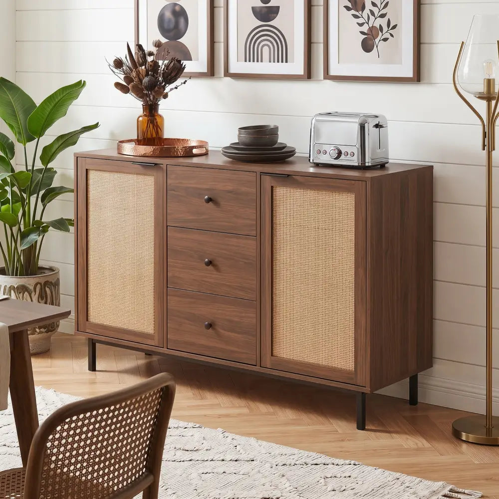 Sideboard Buffet Cabinet Rustic Farmhouse Coffee Bar Table with 2 Rattan Doors and 3 Drawers-Brown - Brown - Sideboards