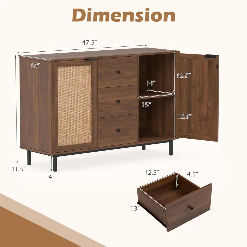 Sideboard Buffet Cabinet Rustic Farmhouse Coffee Bar Table with 2 Rattan Doors and 3 Drawers-Brown - Brown - Sideboards
