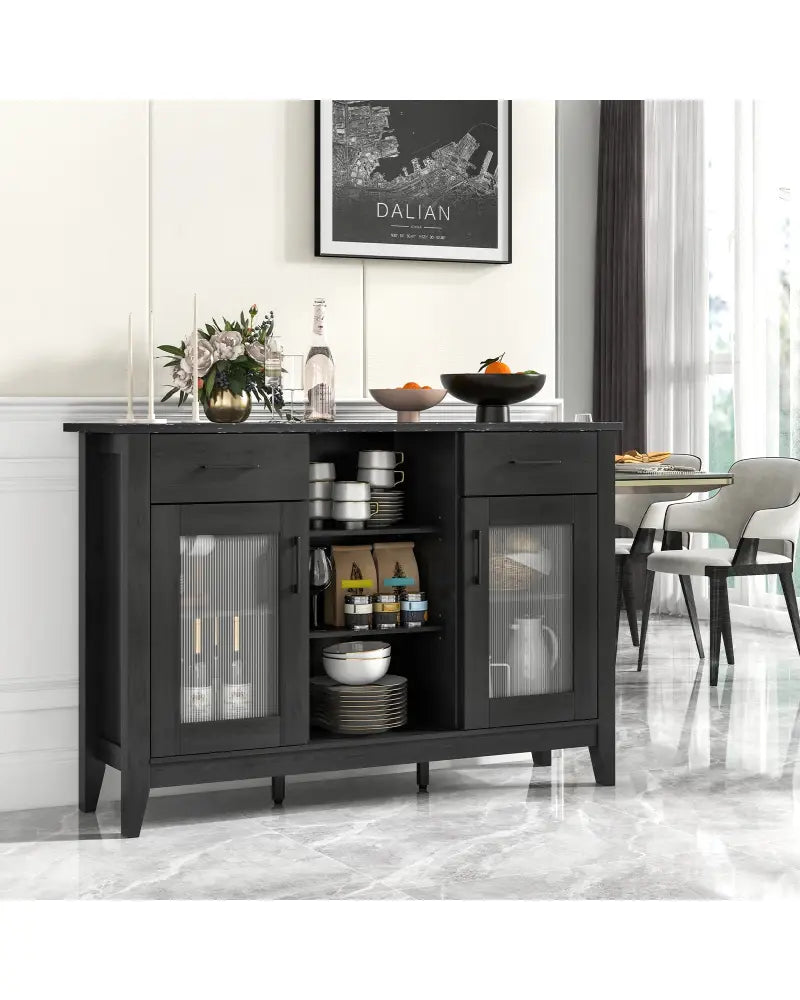 Sideboard Buffet Cabinet with 2 Drawers and 4 Adjustable Shelves-Black - Black - Sideboards Cabinets & Buffets
